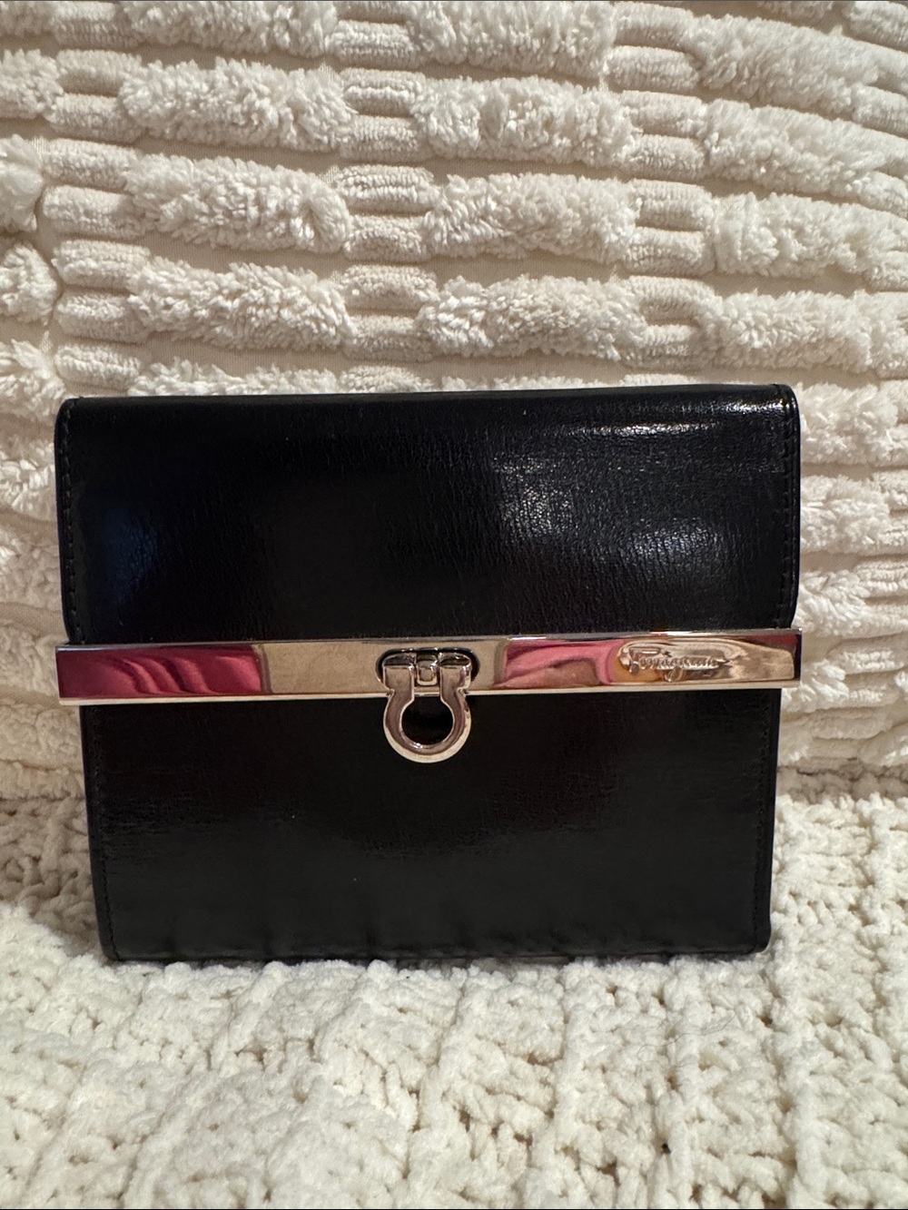 Salvatore Ferragamo Black Leather Wallet with Silver-Tone Hardware